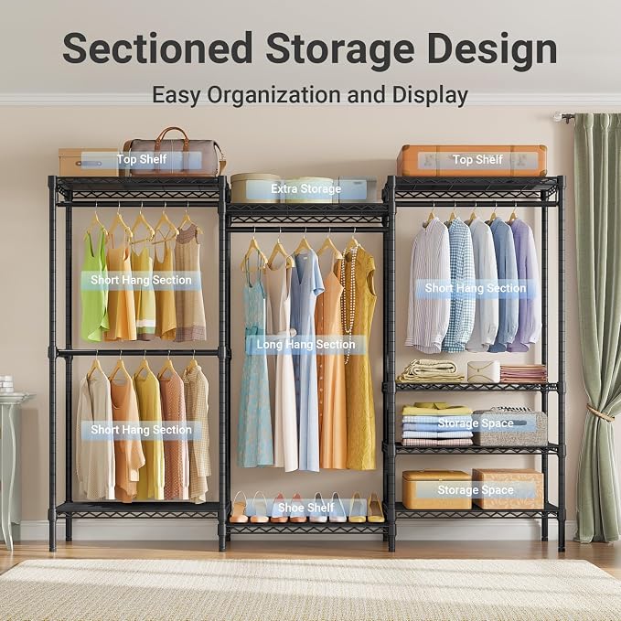VIPEK V5 Plus Large Portable Closet Rack Freestanding Wardrobe Closet, Multi-Functional Clothes Rack Heavy Duty Metal Clothing Rack for Hanging Clothes, 85.4" L x 15.7" W x 76.4" H, Black