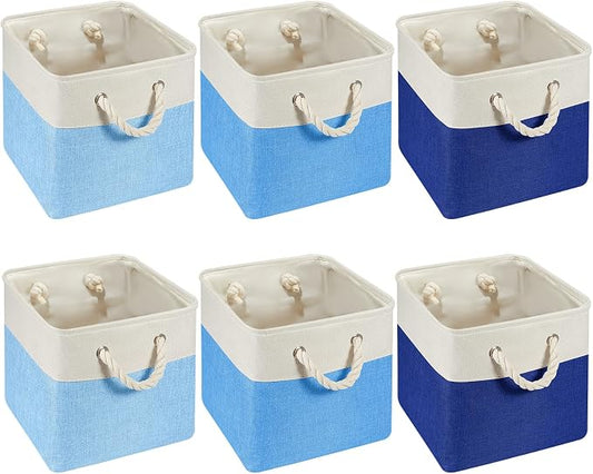 Geiserailie 6 Pcs 11 x 11 Inch Cube Storage Bins Fabric Storage Organizer Bins Foldable Cube Baskets with Sturdy Carry Handles Wicker Baskets for Home(11 x 11 Inch,Blue)