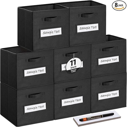 Fabric storage cubes (Set of 8) 11 Inch Cube Storage Bin, Cube storage with 8 Labels Window Cards & a Pen, Foldable cube organizer bins,11x11 Storage bin, Cubby Organizer Boxes, Black