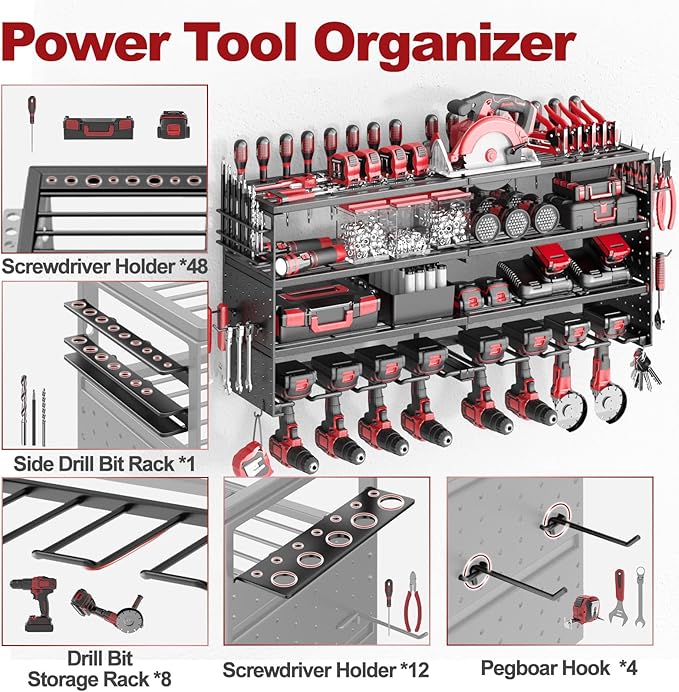 33" Metal Power Tool Organizer Wall Mount,4 Tier,Black | Heavy-Duty Metal,320 LBS Capacity,8 Cordless Drill Holders,Adjustable Hooks,Tool Shelf for Garage Workshop Shed,Pegboard
