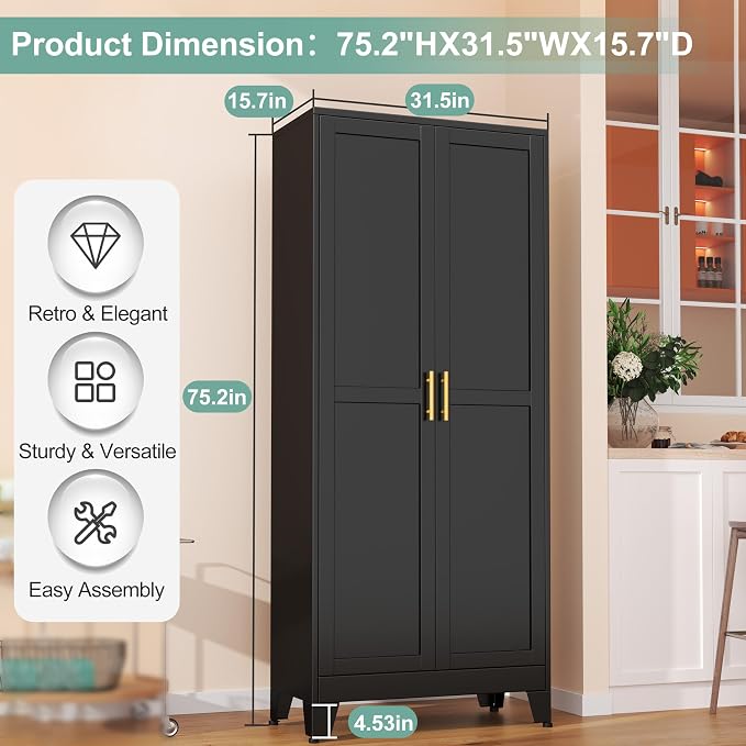 Metal Pantry Cabinet with 2 Doors and 5 Adjustable Shelves, 75"Kitchen Storage cabinets with Gold Handles, Versatile Storage for Laundry Room, Living Room, Bathroom, Dinning Room, Utility Room-Black