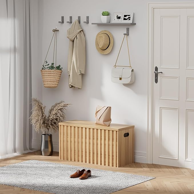 Storage Bench,39.4" Wood Box, Storage Trunk with 2 Safety Hinges, Ottoman Storage Chest, Fluted Storage Bench for Bedroom, Entryway, Living Room(Natural Wood)