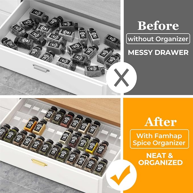 Famhap Spice Drawer Organizer, 36PCS Interlocking Expandable Seasoning Rack Tray Insert for Kitchen Drawers, Spice Rack Drawer for Spice Jars | Interlocking Spice Rack Tray, Sturdy Plastic, Customizable Layout, Versatile for Kitchen Spice Jars Cosmetics