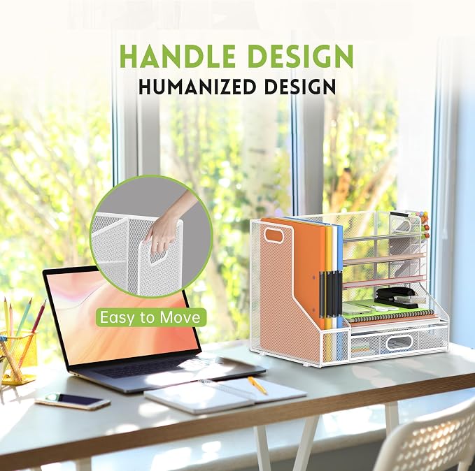 5-Tier Desk Organizer with File Holder & Pen Holder & Sliding Drawer, White | Mesh Metal Paper Letter Tray for Papers, Mail, Office Supplies, and Desk Accessories