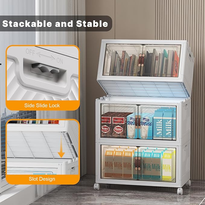 UAMFURI Stackable Storage Bins with Lid, 156QT Plastic Cabinet with Wheels | Large Capacity, Magnetic Door, Stack Lock, Rolling Wheels, Foldable Design, Organizers and Storage for Bedroom Dorm Garage