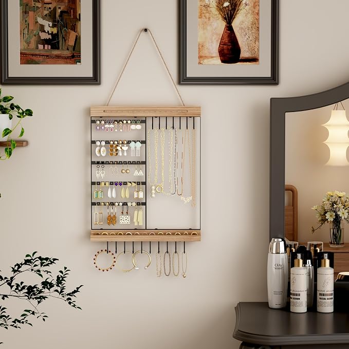 Feyejade Hanging Jewelry Organizer, 5-Tier Wall Earring Holder with Wooden Ring Groove, Jewelry Rack Wall Mounted for Earrings, Necklaces, Bracelets and Rings, Jewelry Holder Stand, Black