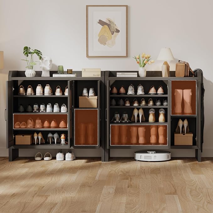Rattan Shoe Storage Cabinet, Farmhouse Shoe Cabinets Storage for Entryway, Boho Wooden Shoe Rack with 3 Doors for Entryway, Hallway (Black, 3 Door)
