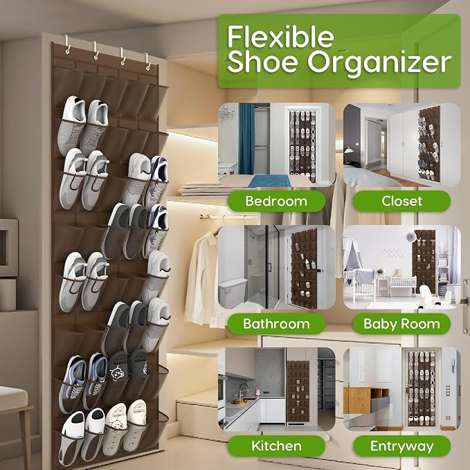 Over the Door Shoe Organizer with 40 Large Breathable Mesh Pockets, Space Saving Shoe Holder, Hanging Shoe Rack for Entryway Bedroom Closet Storage (Brown, 40 Pockets)