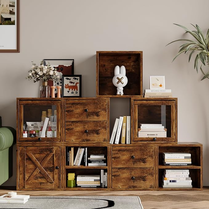 FUSUNBAO Magic DIY Cube Storage Organizer Stackable Cubes for Home Books Clothes Toy-Modular Cubby Storage System-Office Cubical-Bookcase Closet (Antique Brown, General Cube)