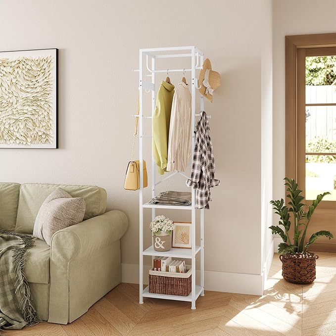 ELYKEN Coat Rack Freestanding, Hall Tree with 3 Shelves and 12 Hooks, White | Industrial Metal Frame, Space-Saving Design, Clothes Rack Stand Organizer for Bedroom, Hallway, Entryway, Office, Living Room