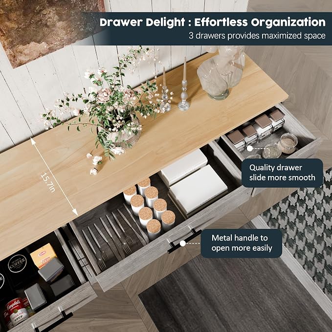 Kitchen Storage Cabinets, Farmhouse Buffet Cabinet with 4 Doors and 3 Drawers, Sideboard Small Storage Cabinet with Adjustable Shelf, for Kitchen, Dining Room & Living Room, Grey