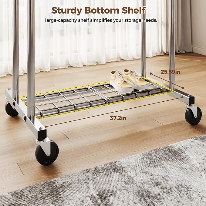 HYSEYY Heavy Duty Clothes Rack, Rolling Clothing Rack for Hanging Clothes with Shelves Load 700LBS,Portable Garment Wardrobe Closet Rack with Wheels for Bedroom,Laundry Room,Retail Store,Silver