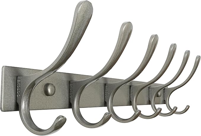 SKOLOO Coat Rack Wall Mounted - 6 Hooks, Heavy Duty, Stainless Steel, Metal Wall Hangers, Sturdy Coat Hooks for Hanging Coats, Jacket, Clothes, Hat, Matte Grey