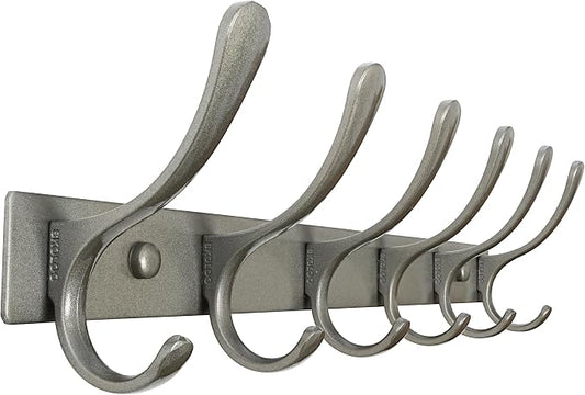 SKOLOO Coat Rack Wall Mounted - 6 Hooks, Heavy Duty, Stainless Steel, Metal Wall Hangers, Sturdy Coat Hooks for Hanging Coats, Jacket, Clothes, Hat, Matte Grey