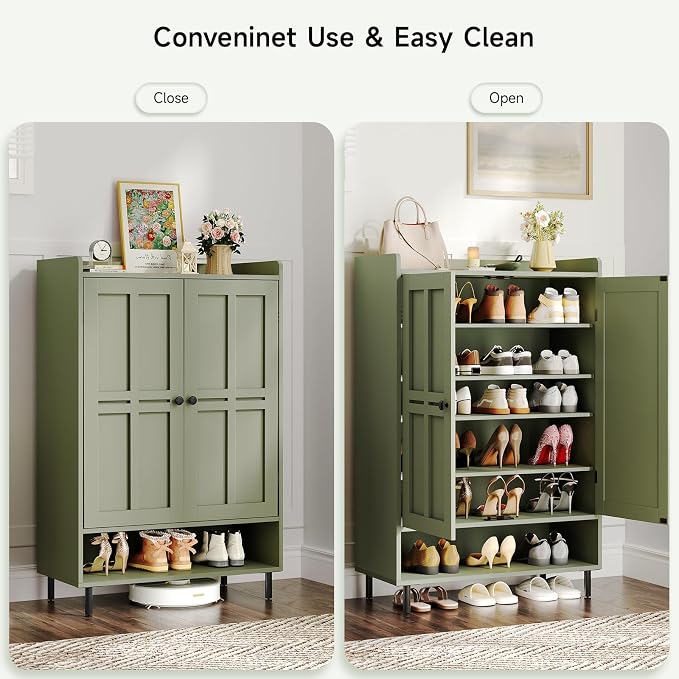 ONBRILL Shoe Cabinet with Cross Molding Doors, 6-Tier Shoe Storage Cabinet with 3 Adjustable Shelves and Metal Legs, 45'' Tall Shoes Rack Organizer Cabinet for Entryway, Front Door, Green