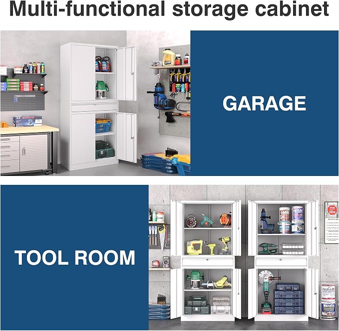 White Metal Storage Cabinet with Lock, 71" Tall Garage Storage Cabinets with Doors and Shelves, Lockable Tool Caninet Steel Locking Cabnets File Caninet for Home Office, Garage, Pantry