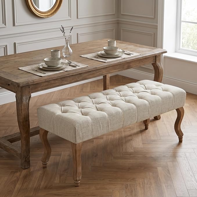 40" Accent Bench, Upholstered Tufted Ottoman Bench French Vintage Entryway Bench Linen Fabric Padded Bench with Distressed Wood Legs for Dining Room, Foyer, Living Room, Bedroom, Beige