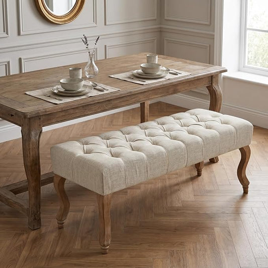 40" Accent Bench, Upholstered Tufted Ottoman Bench French Vintage Entryway Bench Linen Fabric Padded Bench with Distressed Wood Legs for Dining Room, Foyer, Living Room, Bedroom, Beige