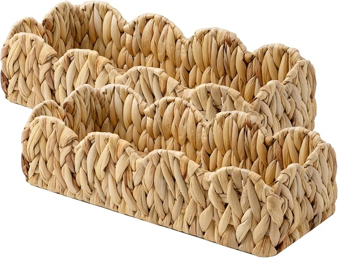 StorageWorks Small Scalloped Baskets for Decor, Wicker Toilet Paper Basket | Water Hyacinth Back of Toilet Basket Tank Topper, Decorative Bathroom Baskets for Organizing and Storage, 2 Pack