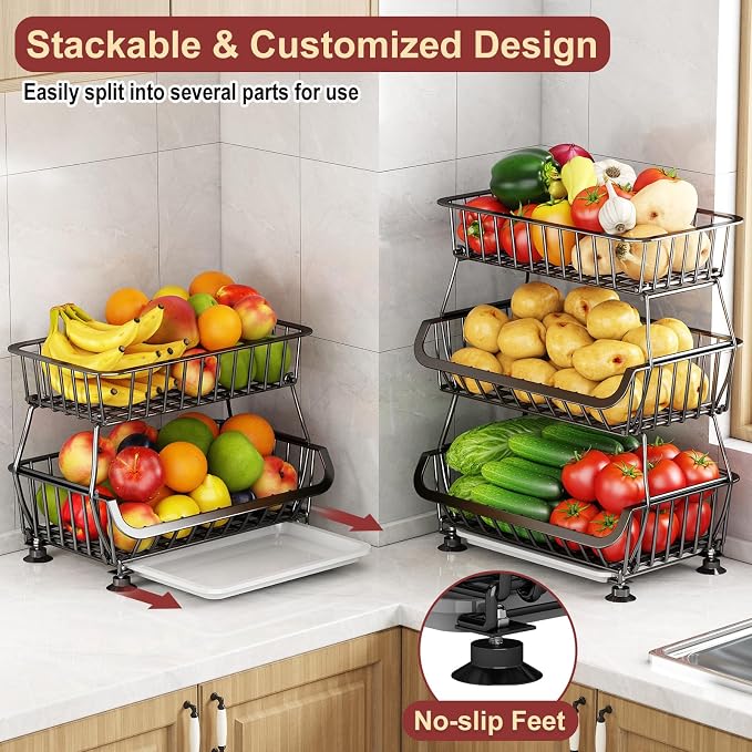 3-Tier Rolling Pantry Cart with Wheels, Stackable Wire Storage Floor Organizer for Kitchen Pantry Snack Shelves, Fruit Basket Stand, Vegetable Storage Rack for Food Snacks Onion Potato