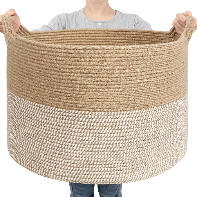 Goodpick Large Wicker Basket for Blankets, Baby Toy Storage Basket, 85L | 21.7 x 21.7 x 13.8 In Baby Storage Basket for Nursery, Blanket Basket for Living Room, Woven Basket for Towels, White & Jute