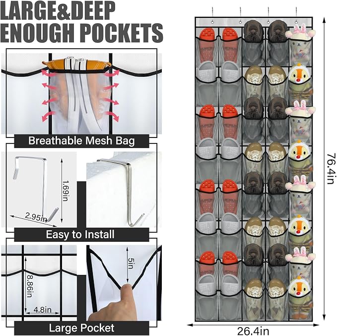 Windyun 2 Pcs 40 Pocket Over The Door Shoe Organizer Large Breathable Mesh Hanging Shoe Rack for Closet Space Saving Shoes Storage Holder Hanger for Dorm Room Bathroom Bedroom Entryway (Gray)