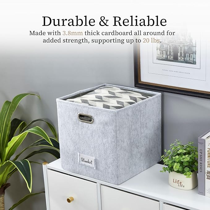 DECOMOMO Felt Storage Bins, 13 inch Cube Storage Bin with Labels | 4 Pack Storage Baskets for Shelves, Kallax ( Light Grey)