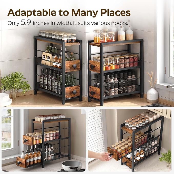 Spice Rack, 3-Tier Pull Out Spice Rack Organizer for Countertop, Narrow Kitchen Countertop Storage Shelf with 2 Drawers, for Kitchen, Cafe, Rustic Brown and Black SR02BR