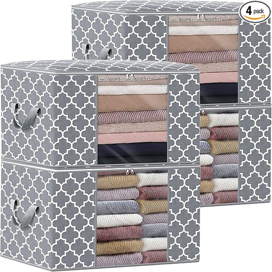 WISELIFE Storage Bags 100L 4-Pack Large Blanket Clothes Organization and Storage Containers for Bedding, Comforters, Foldable Organizer with Reinforced Handle, Clear Window, Sturdy Zippers, Light Grey