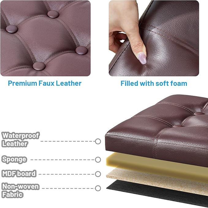 Bsketa Storage Ottoman Bench, 16" Folding Leather Foot Rest, Brown 2 Pack | Small Ottoman with Side Pockets, Thicker Foam Padded Seat, Livingroom, Dorm, Bedroom, Easy to install, 38L, 16x12x12in