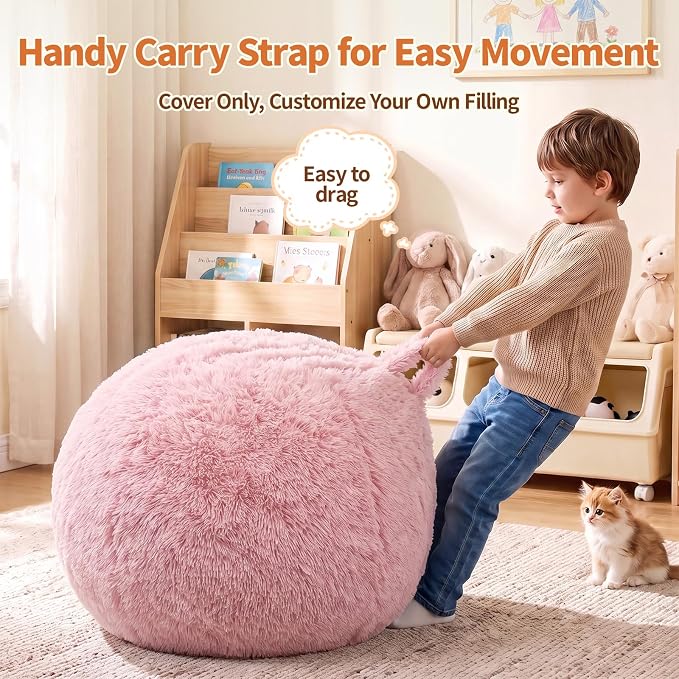 Stuffed Animal Storage Bean Bag Chair Cover, Soft Bean Bag Cover | Fluffy Faux Fur Stuffed Animal Storage Chair, Non-Slip Bottom, Fill with Plush Toys or Blankets, for Adults Teens Kids Girls