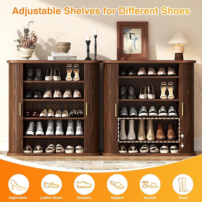 UNIQUITE Shoe Storage Cabinet with Sliding Doors, 5-Tier Wood Shoe Cabinet for Entryway, Adjustable Shelves Freestanding Shoe Organizer with Gold Handle for Hallway, Living Room, Walnut