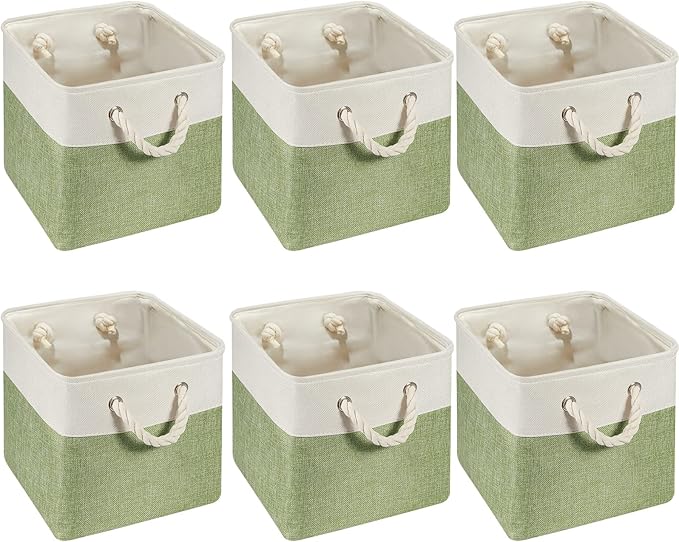 Geiserailie 6 Pcs 11 x 11 Inch Cube Storage Bins Fabric Storage Organizer Bins Foldable Cube Baskets with Sturdy Carry Handles Wicker Baskets for Home (Green,White)