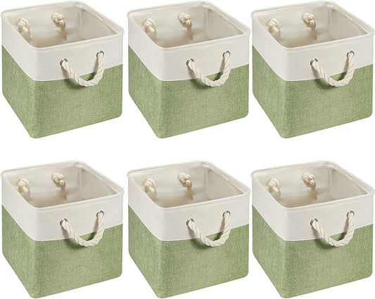 Geiserailie 6 Pcs 11 x 11 Inch Cube Storage Bins Fabric Storage Organizer Bins Foldable Cube Baskets with Sturdy Carry Handles Wicker Baskets for Home (Green,White)