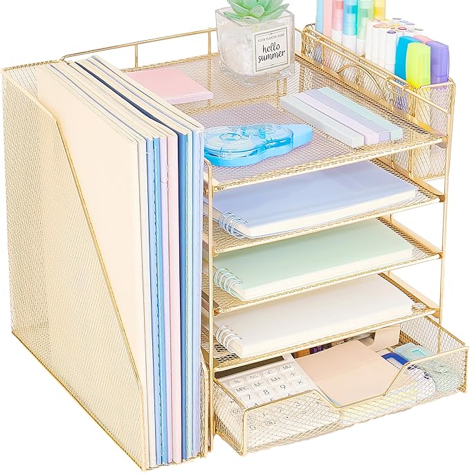 Desk Organizers and Accessories, 5-Tier Paper Letter Tray Organizer with File Holder, Drawer & Pen Holder, Office Desk Accessories, Desktop Organizer for Classroom Office Supplies, Gold