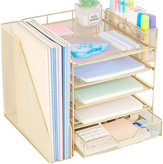 Desk Organizers and Accessories, 5-Tier Paper Letter Tray Organizer with File Holder, Drawer & Pen Holder, Office Desk Accessories, Desktop Organizer for Classroom Office Supplies, Gold