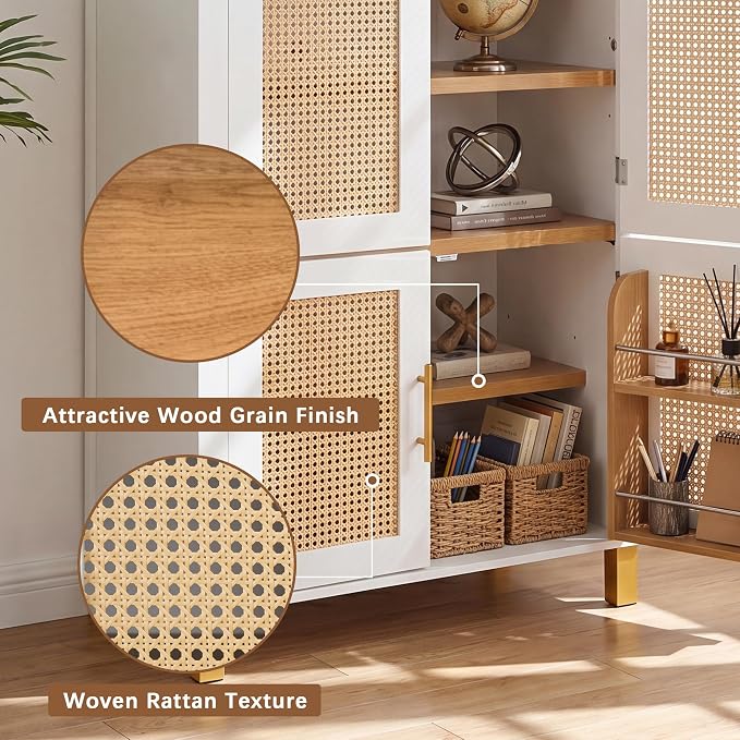 Merax 71" Arched Bookcase,Tall Pantry Storage Cabinet with Shelf Doors | Farmhouse Bookshelf with Rattan Doors Built-in Racks for Home Office,Kitchen,Dining Room,White