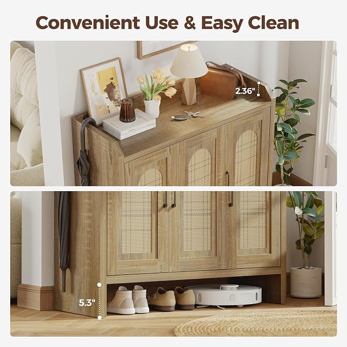 Rattan Shoe Storage Cabinet, Farmhouse Shoe Cabinets Storage for Entryway, Boho Wooden Shoe Rack with 3 Doors for Entryway, Hallway (Natural, 3 Door)
