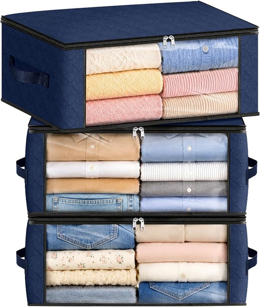 Fab totes 35L Closet Organizers and Storage, Foldable Under Bed Storage Containers, Storage bags for Organizing Bedroom, Closet, Clothing,Organization with Handle (3 Pack,Blue)