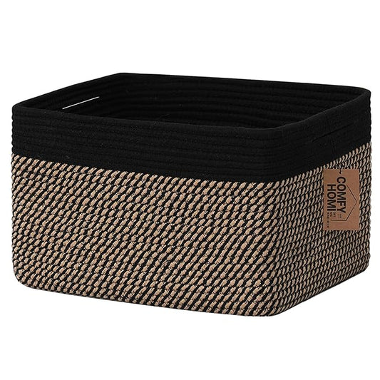 COMFY-HOMI Cotton Rope Woven Basket with Handles for Shelves,Toys,Book, Cloth Storage Baskets Bin for Organizing- 1 PCSToy Decorative Organizer for Living Room, Bathroom