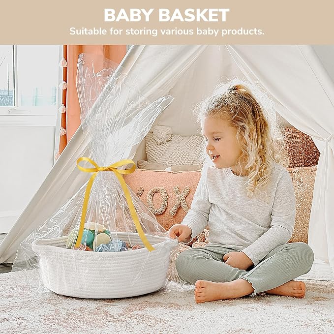 CHICVITA 2-Pack Gift Baskets Empty with Bags & Ribbon, Toy Basket, White | 12"x 8"x 5" Rope Gift Basket Empty to Fill for Baby Shower, Gift Basket for Organizing, Holiday Basket, Toy Storage for Kids