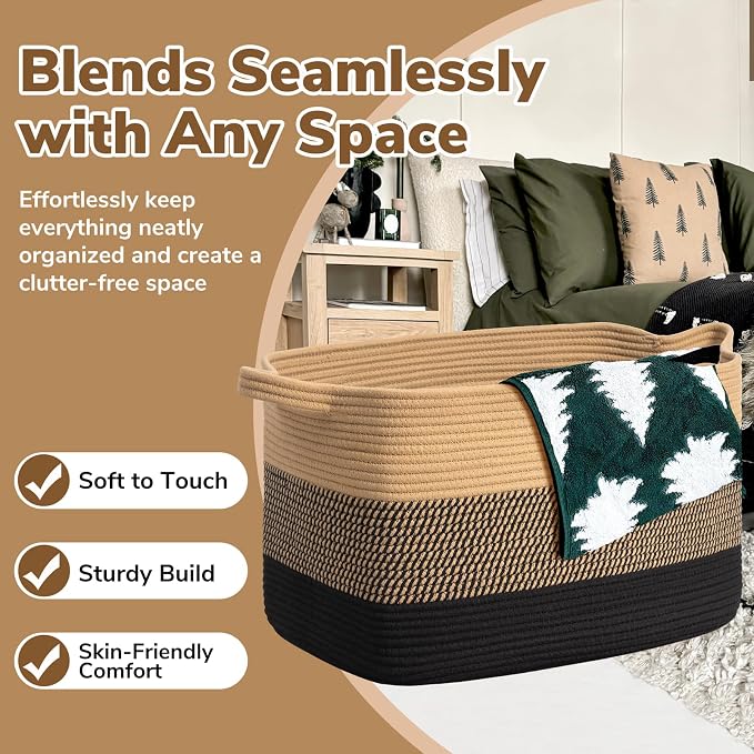 Goodpick Extra Large Wicker Blanket Basket with Handles, Black Jute | 85L, 23.6 x 15.7 x 13.8 in, Rectangle, Living Room, Bedroom & Nursery Organization, Blankets, Pillows & Toys Storage