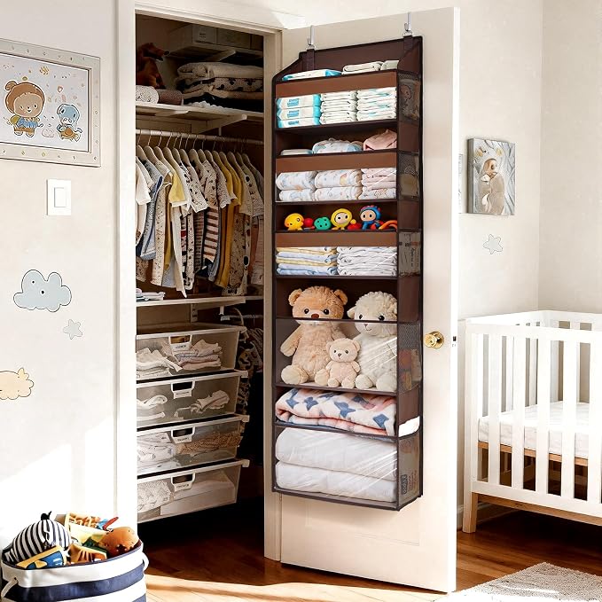 5 Tiers Over Door Organizer with 10 Mesh Side Pockets, 44 lbs Weight Capacity Hanging Storage Organizer with Clear Window Kids Toys, Shoes, Diapers, Dark Brown