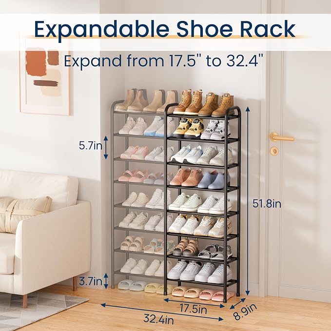 ENJOYBASICS Expandable Shoe Rack, 32.4'' Wide - 8 Tier Adjustable Shoe Organizer Shelf for Closet, 32 Pairs Black Metal Free Standing Shoe Rack Storage for Garage, Entryway