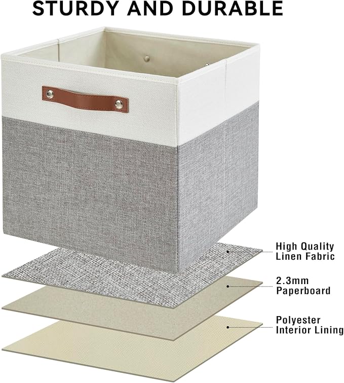 Bagnizer Collapsible Fabric Storage Cube Bins with 2 Reinforced PU Handles, Foldable Storage Organizer Baskets for Closet, Shelves, Living Room | 13"x13"x13", 4 Pack, Gray & White