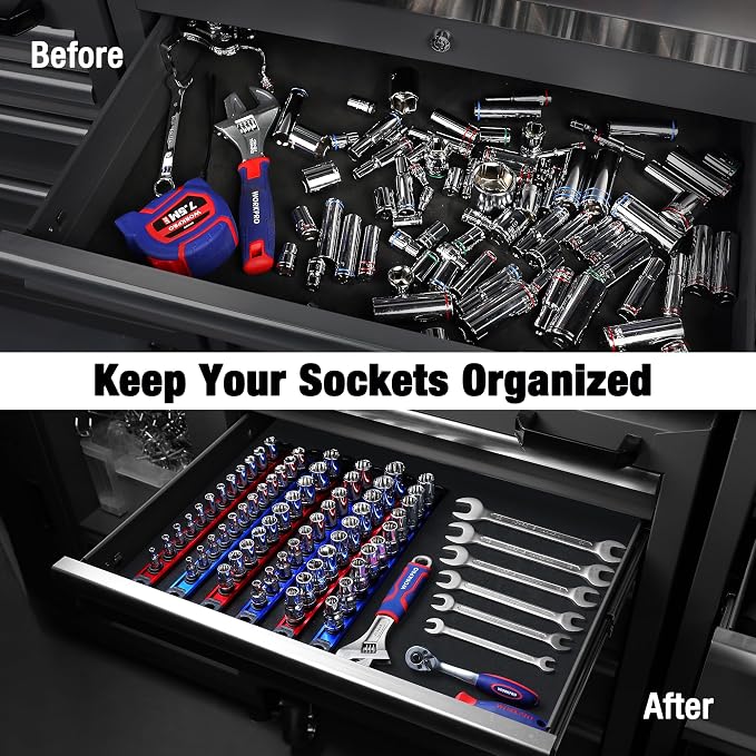 WORKPRO Magnetic Socket Organizer, Heavy Duty 1/2-Inch Drive Socket Rail | 1 Piece Socket Holder with 10 Spots, Aluminum Alloy, Rotatable & Movable Clips, Efficient Organization