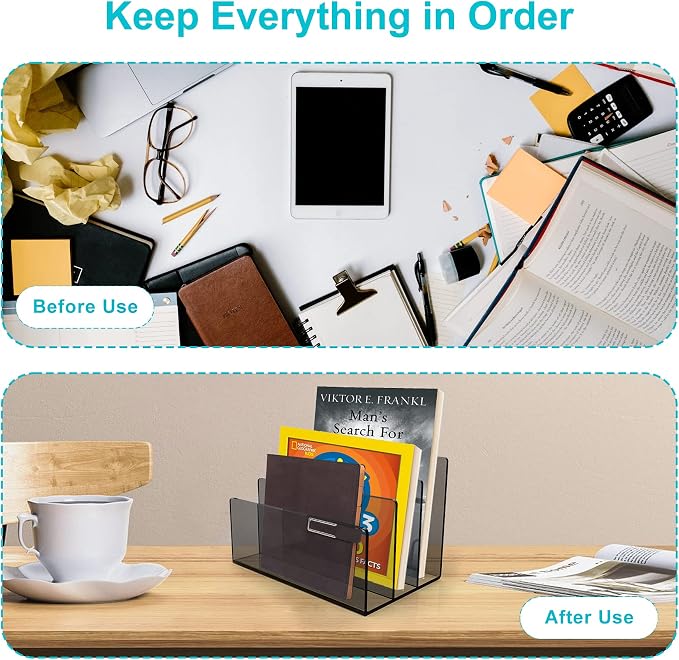Boloyo Acrylic File Holder,1PC 3 Sections Clear Black File Organizer Mail Letter Sorter Desktop Folder Holder for Home Office School Envelope Bill Filling Paper Document