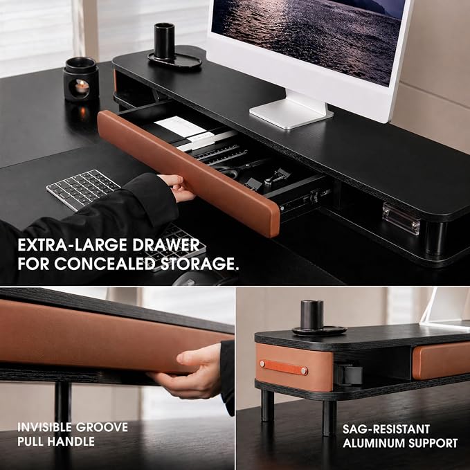 Fenge Dual Monitor Stand with Large Storage Drawer, 42.5" Dsek Shelf, Black | Slide-Out Drawer with Soft Touch Leather, Ergonomic Monitor Riser, Aluminum leg, 2-Tier Desk Organizer for Laptop, TV, PC