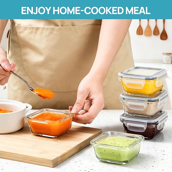 Vtopmart 5Pack 5oz Small Glass Storage Containers Set With Lids, Grey | Glass Meal Prep Food and Sauce Container Sets with Snap Airtight Lid for Microwave, Oven, Freezer and Dishwasher, BPA Free