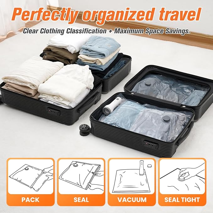 Vacuum Storage Bags for Travel with Cordless Pump, Space Saver Bags for Clothes, Compression Packing Bags for Luggage, 9 Combo Size